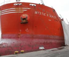 São 3.255 toneladas de fertilizante que estão sendo descarregadas do navio Mystic Striker e enviadas para o Tefer através da correia transportadora.